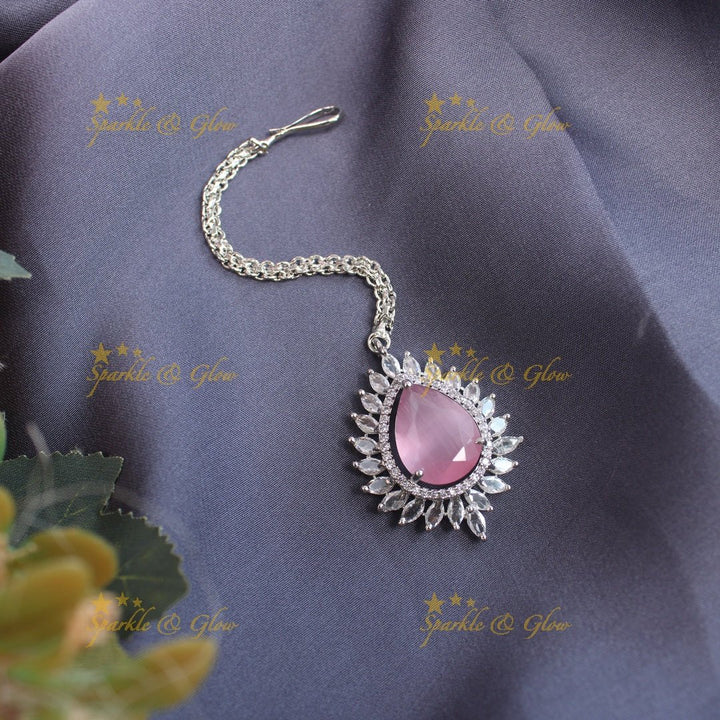 Gracious Oval Floral Silver Amarican diamond Maangtikka - Red - Sparkle and Glow - Light pink - 