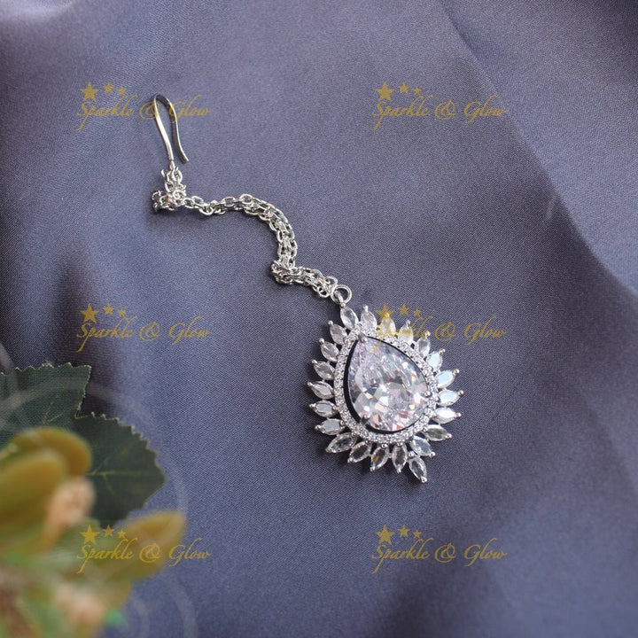 Gracious Oval Floral Silver Amarican diamond Maangtikka - Red - Sparkle and Glow - White - 