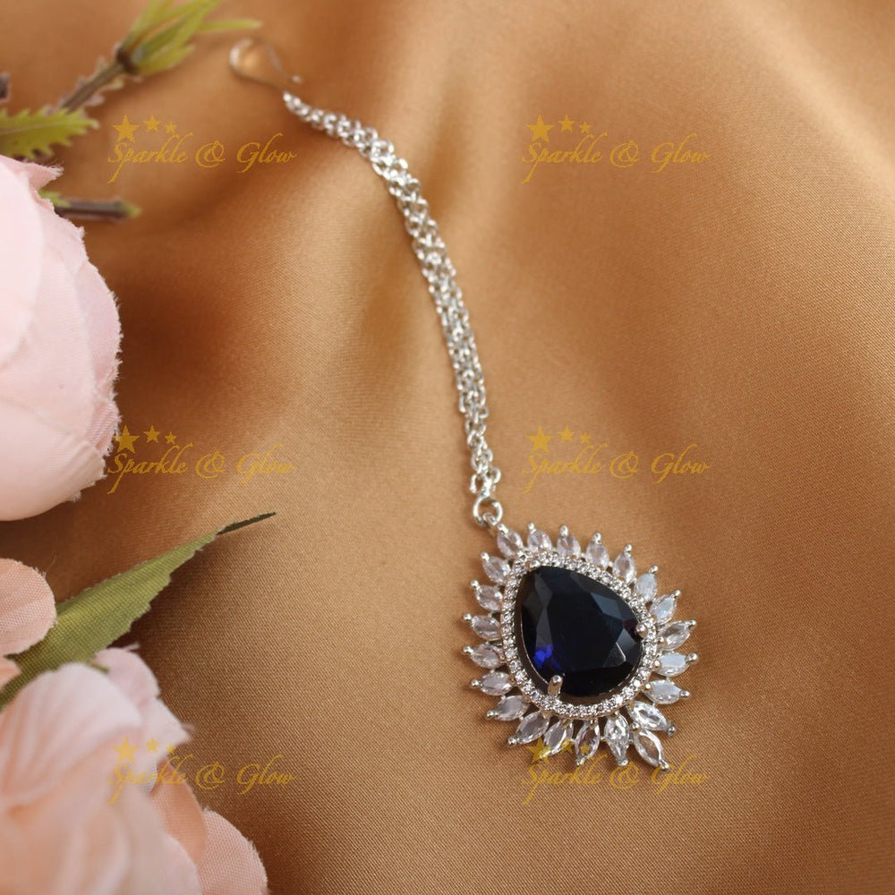 Gracious Oval Floral Silver Amarican diamond Maangtikka - Red - Sparkle and Glow - Navyblue - 