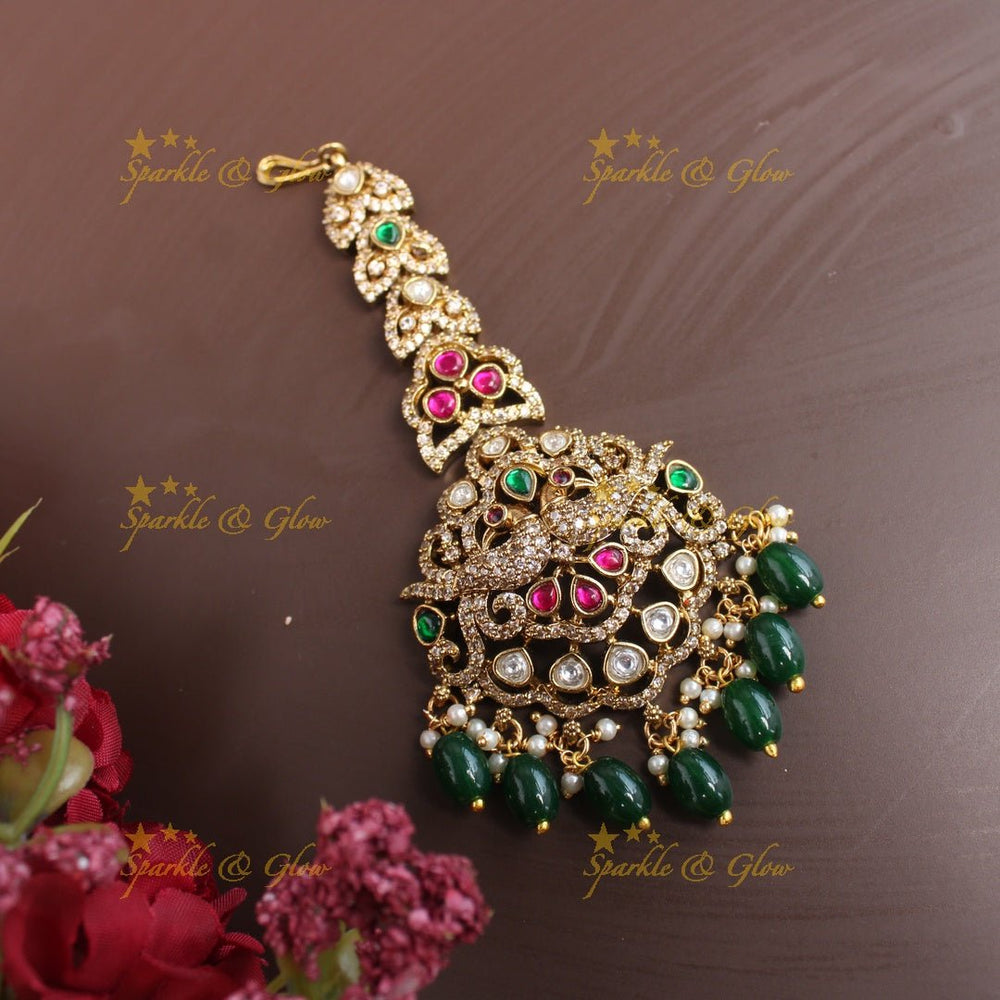 Gracious Peacock Leaf Floral Victorian AD Maangtikka - Green - Sparkle and Glow - Green - 