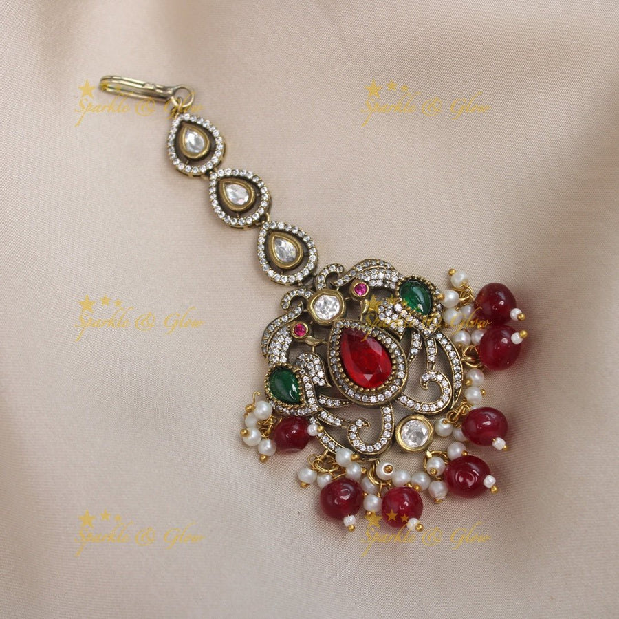 Sparkling Dual tone Peacock carved Victorian AD Kundan Maangtikka - Purple - Sparkle and Glow - Red - 