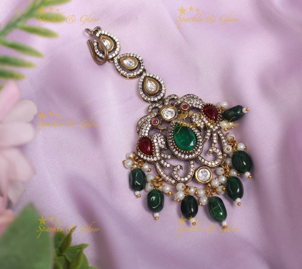 Sparkling Dual tone Peacock carved Victorian AD Kundan Maangtikka - Purple - Sparkle and Glow - Green - 