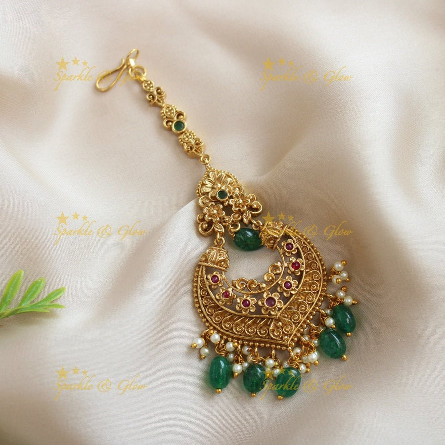 Elegant Leaf Floral chandbali design kemp Maangtikka - Sparkle and Glow - 