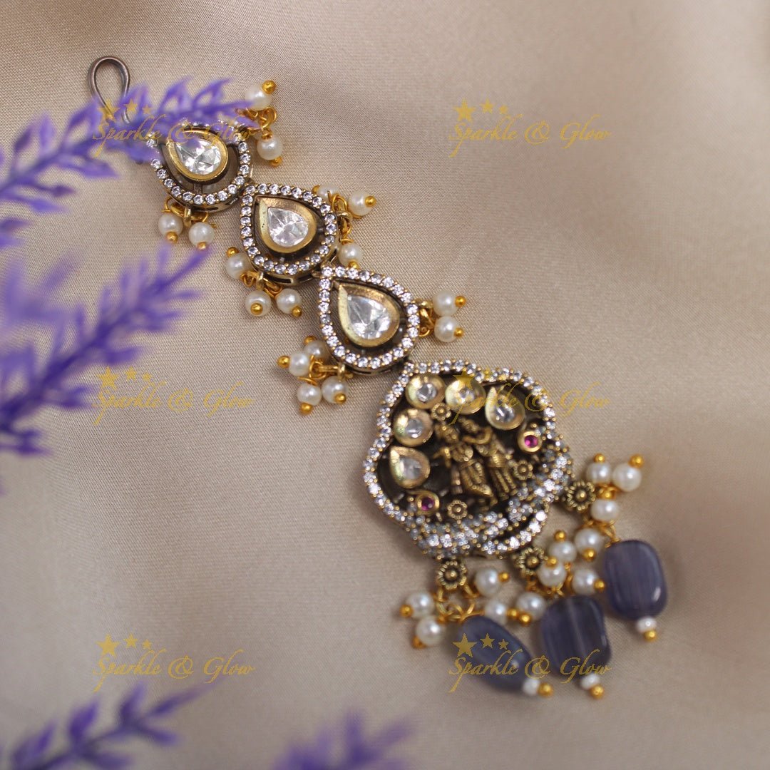 Gracious Idol Radhakrishna carved Victorian AD kundan maangtikka - Red - Sparkle and Glow - Purple - 