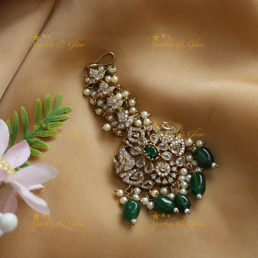 Elegant Dual tone Peacock Floral carved Victorian AD maangtikka - Green - Sparkle and Glow - Green - 