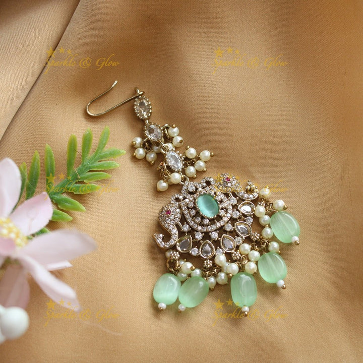 Sparkling Dual tone Elephant Floral Guttapusalu Victorian AD Maangtikka - Sky blue - Sparkle and Glow - Mintgreen - 