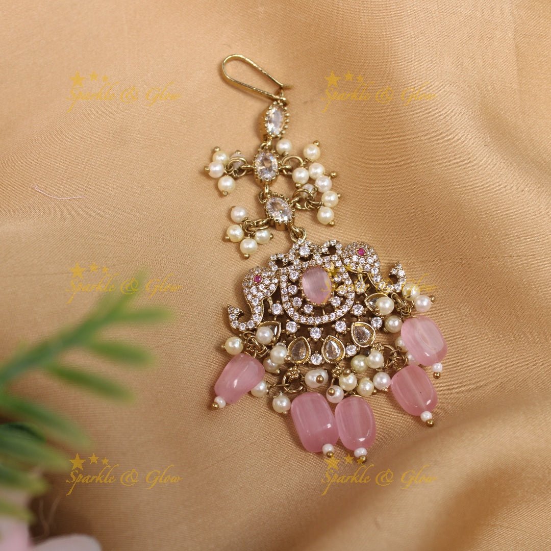Sparkling Dual tone Elephant Floral Guttapusalu Victorian AD Maangtikka - Sky blue - Sparkle and Glow - Light pink - 