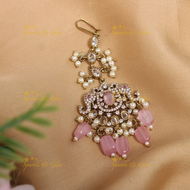Sparkling Dual tone Elephant Floral Guttapusalu Victorian AD Maangtikka - Sky blue - Sparkle and Glow - Light pink - 