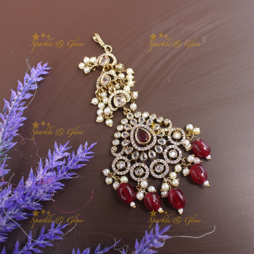 Statement Victorian AD Kundan Floral Maangtikka - Red - Sparkle and Glow - Red - 