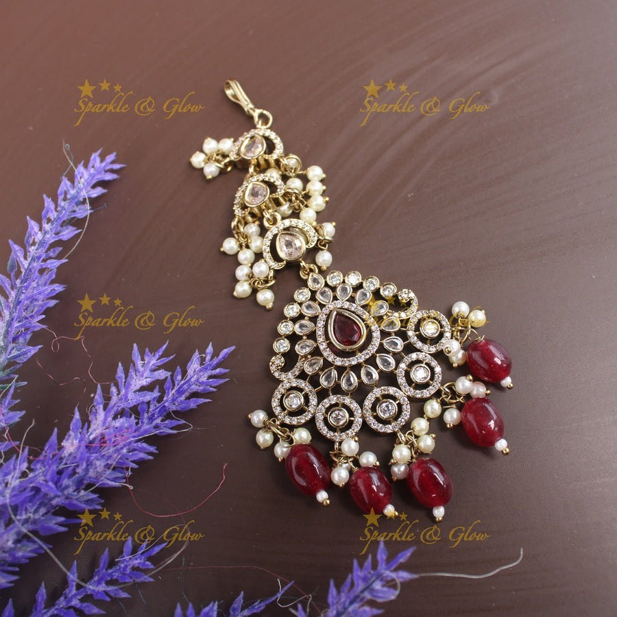 Statement Victorian AD Kundan Floral Maangtikka - Red - Sparkle and Glow - Red - 
