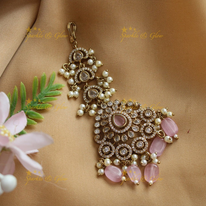 Statement Victorian AD Kundan Floral Maangtikka - Red - Sparkle and Glow - Light pink - 