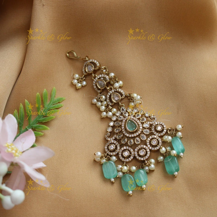 Statement Victorian AD Kundan Floral Maangtikka - Red - Sparkle and Glow - Mintgreen - 