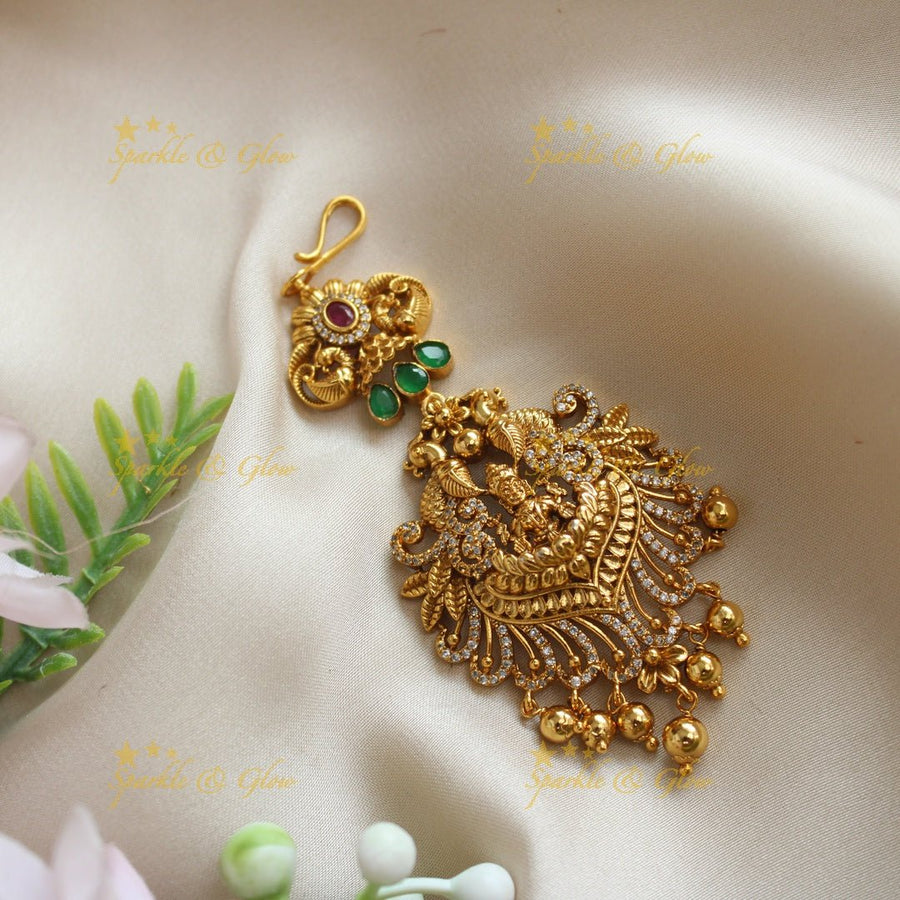 Statement Dual tone Peacock Lakshmi carved Maangtikka - Sparkle and Glow - 