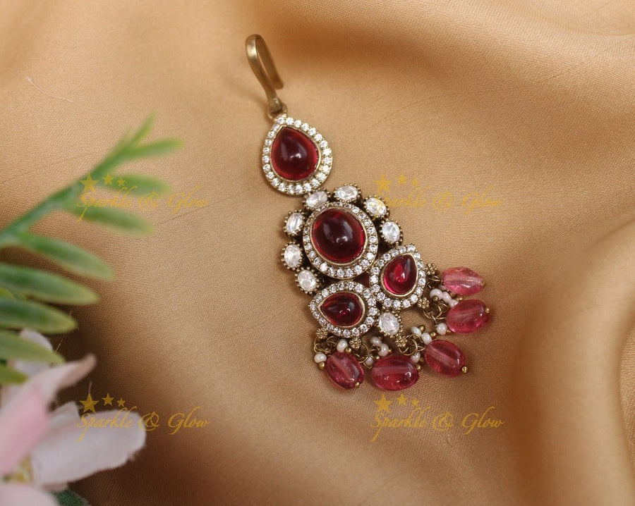Gracious waterdrop design Victorian AD Maangtikka - Red - Sparkle and Glow - Red - 