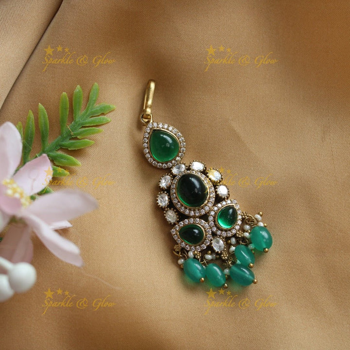 Gracious waterdrop design Victorian AD Maangtikka - Red - Sparkle and Glow - Green - 