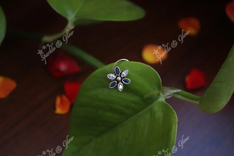 Sterling silver semi precious stone pierced nose pin - Blue - Sparkle and Glow