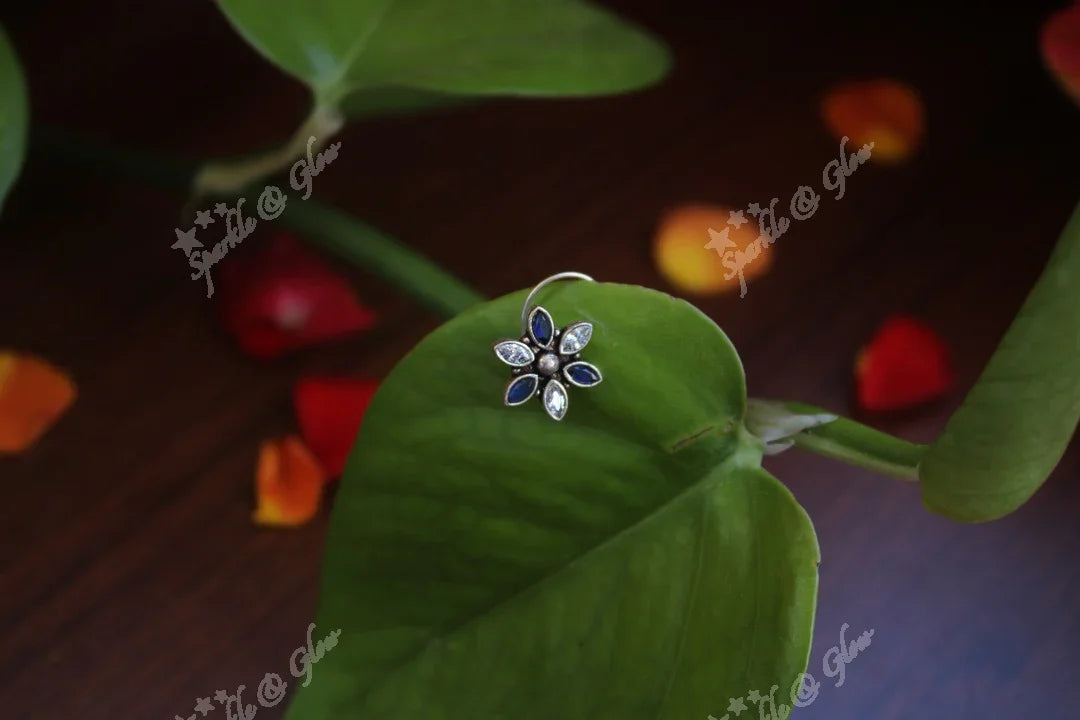 Sterling silver semi precious stone pierced nose pin - Blue - Sparkle and Glow