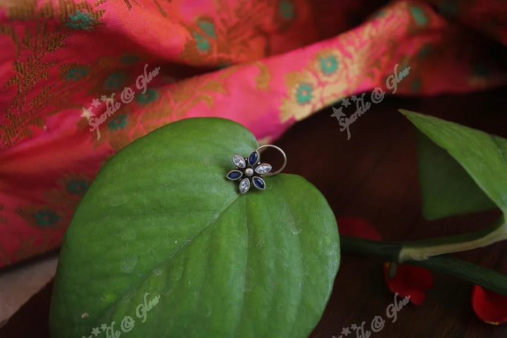 Sterling silver semi precious stone pierced nose pin - Blue - Sparkle and Glow