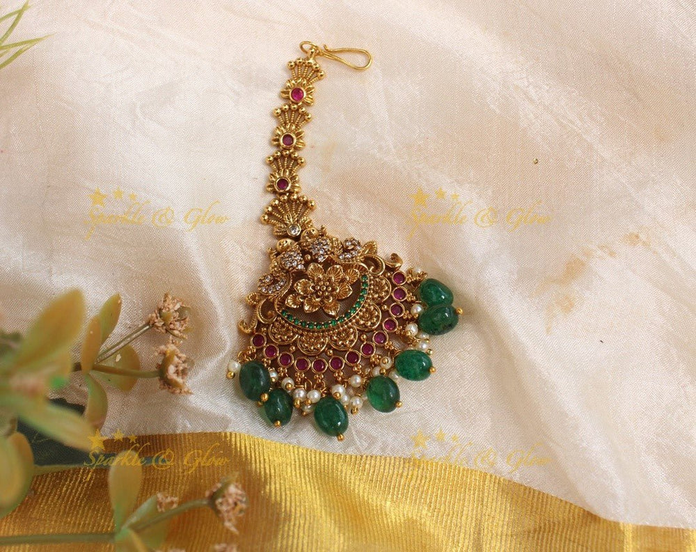 Elegant Kemp Floral Maangtikka with green beads - Sparkle and Glow - 