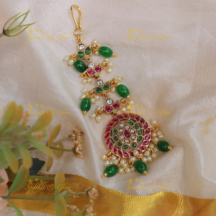 Beautiful Kemp Lotus Floral Maangtikka - Gold - Sparkle and Glow - Green - 
