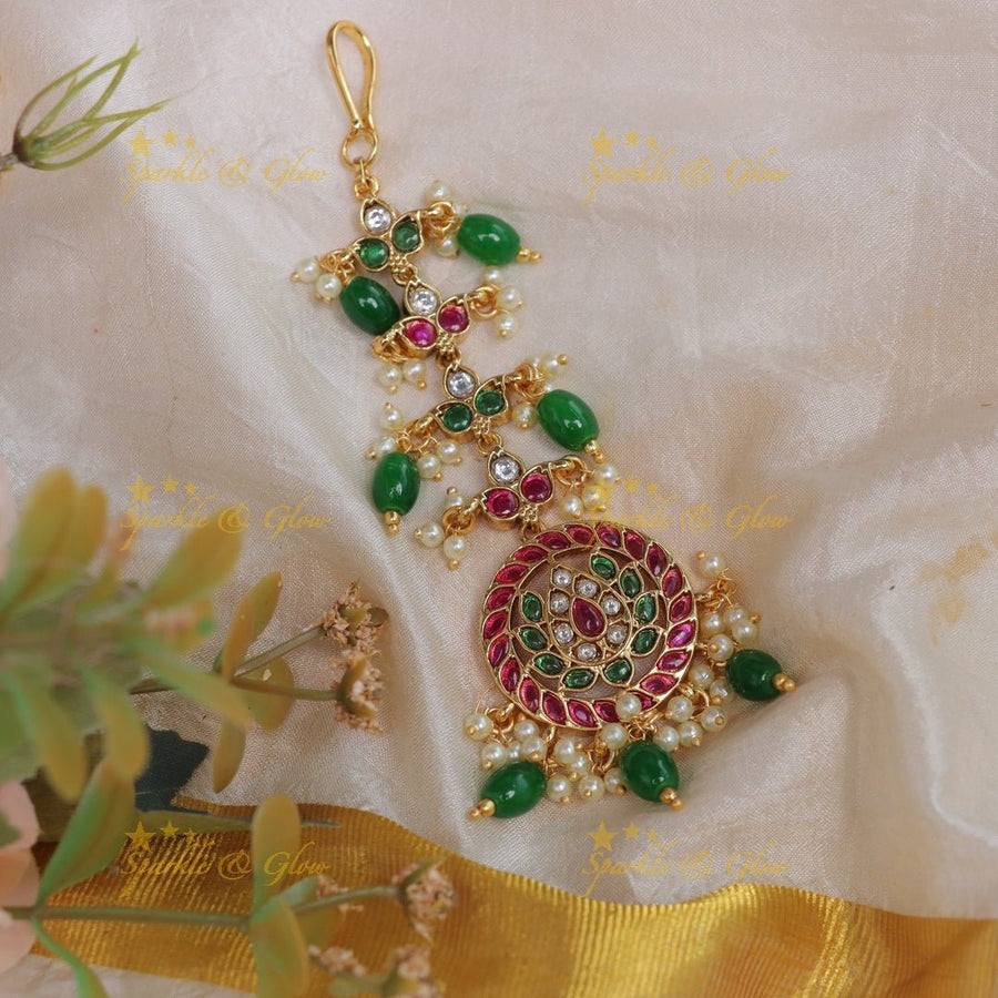 Beautiful Kemp Lotus Floral Maangtikka - Gold - Sparkle and Glow - Green - 