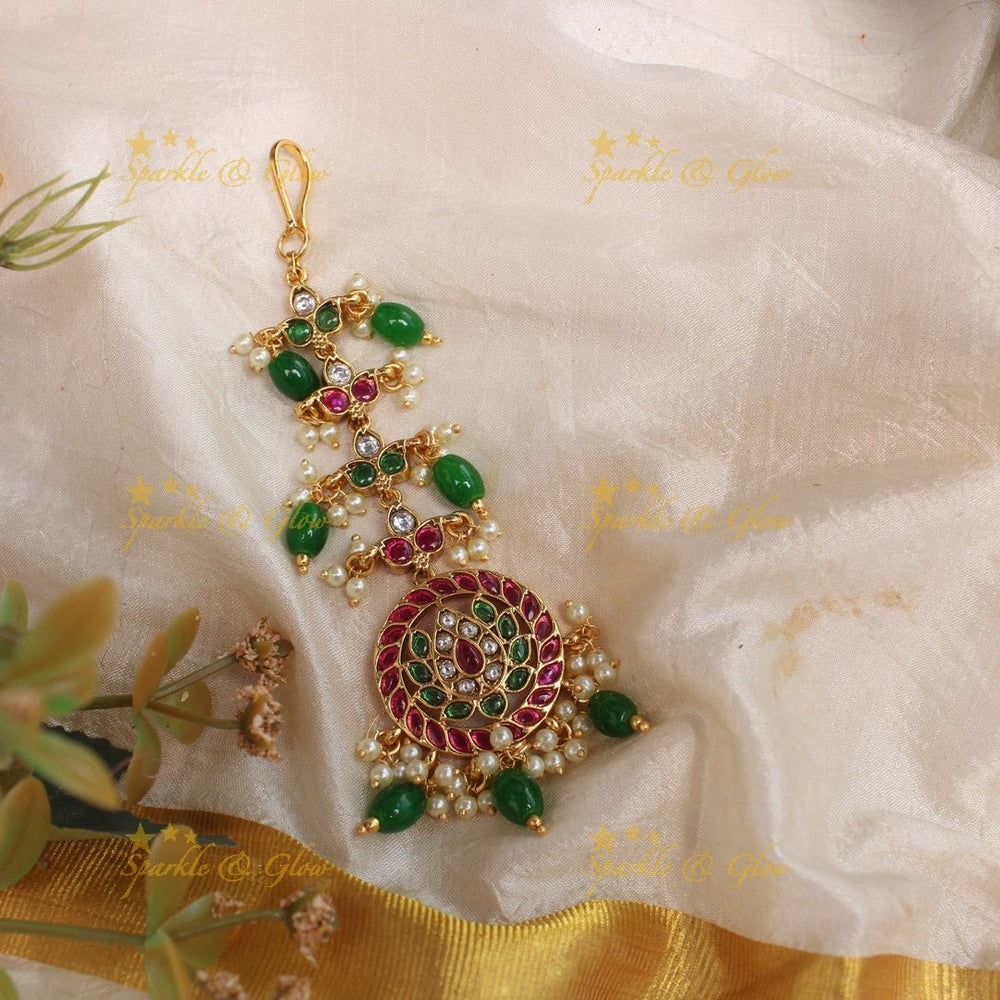 Beautiful Kemp Lotus Floral Maangtikka - Gold - Sparkle and Glow - Green - 