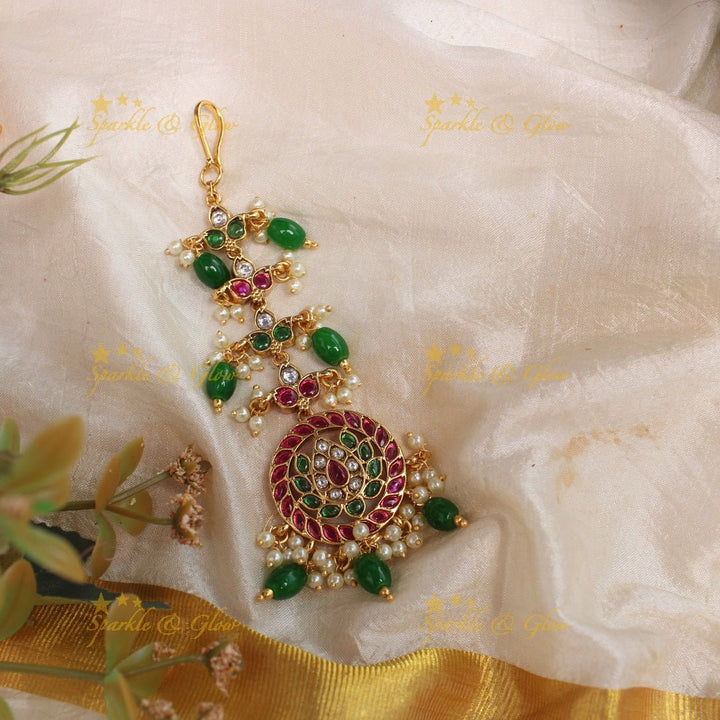 Beautiful Kemp Lotus Floral Maangtikka - Gold - Sparkle and Glow - Green - 