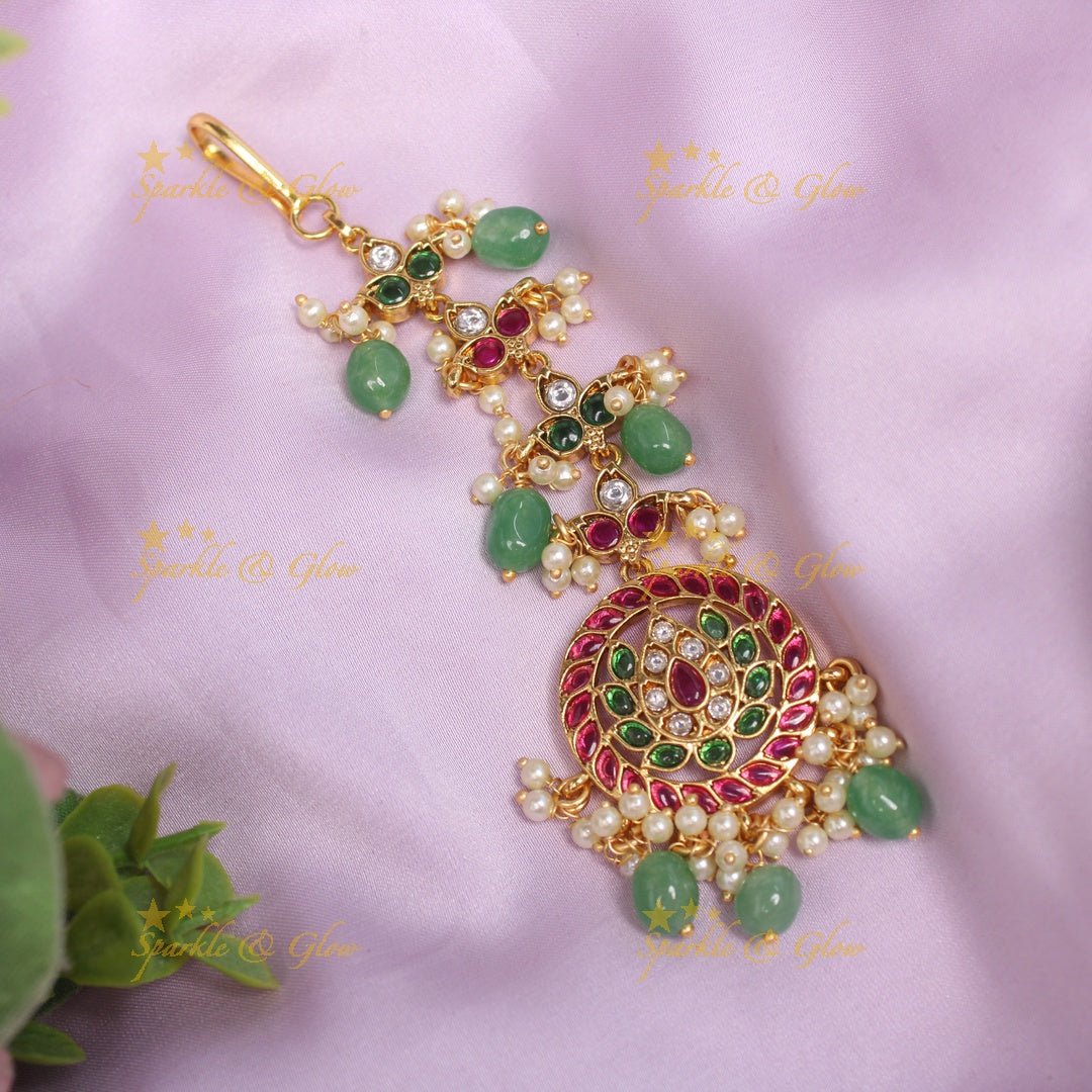 Beautiful Kemp Lotus Floral Maangtikka - Gold - Sparkle and Glow - Mintgreen - 