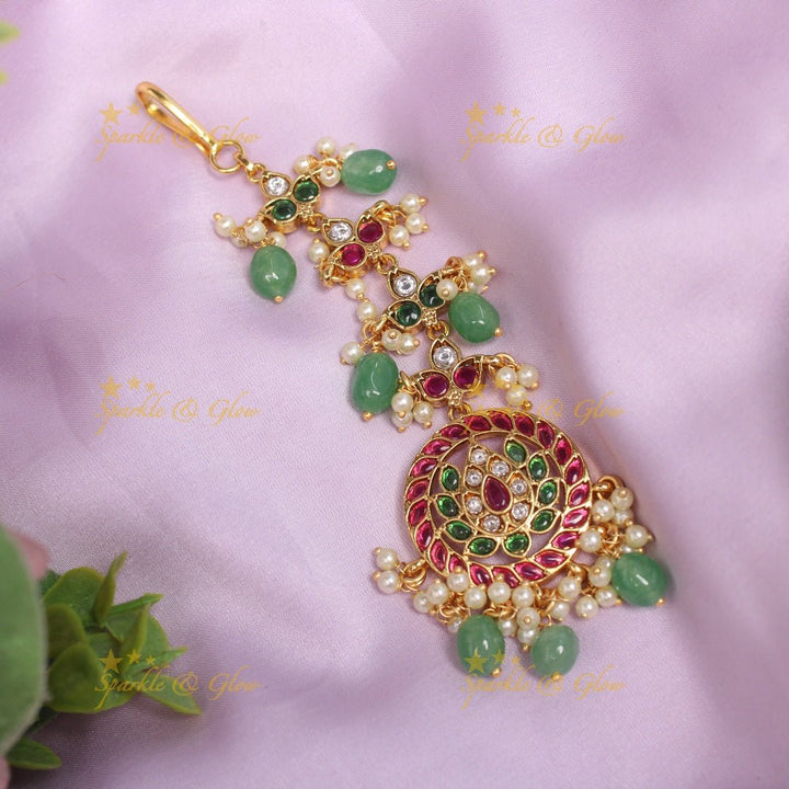 Beautiful Kemp Lotus Floral Maangtikka - Gold - Sparkle and Glow - Mintgreen - 