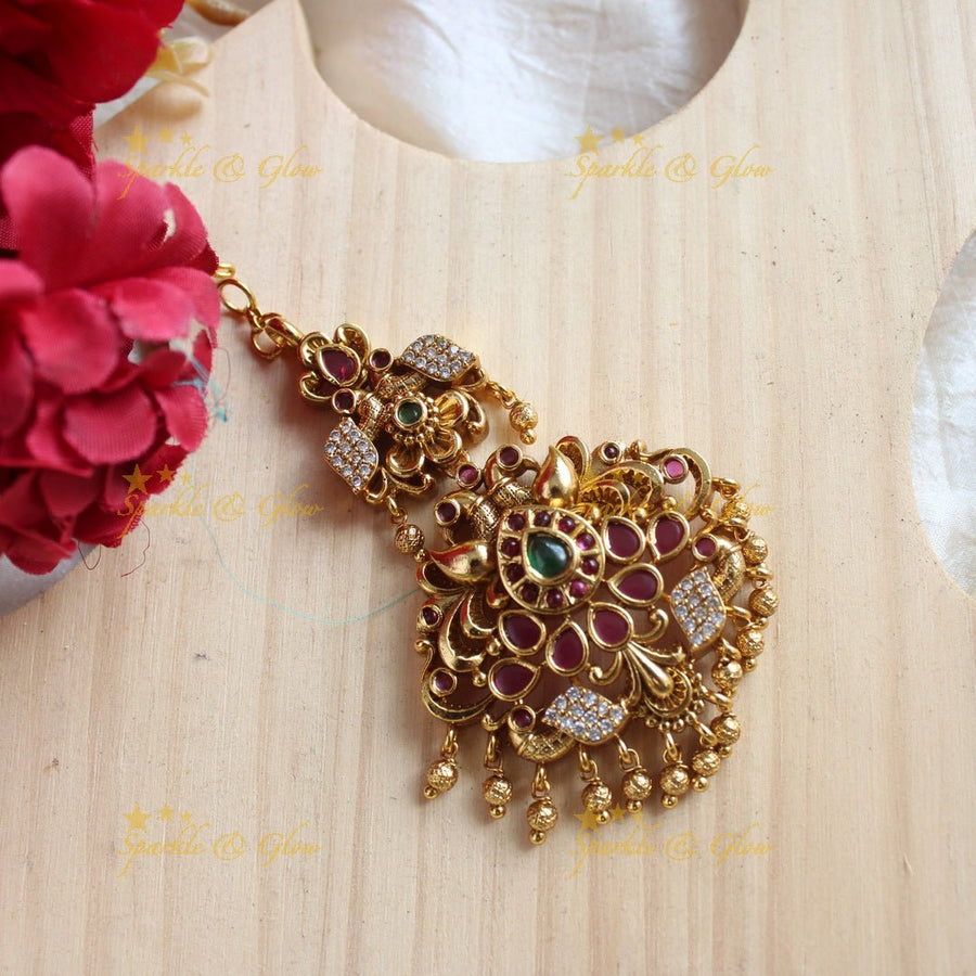 Elegant Kemp Peacock Floral Maangtikka - Sparkle and Glow - 