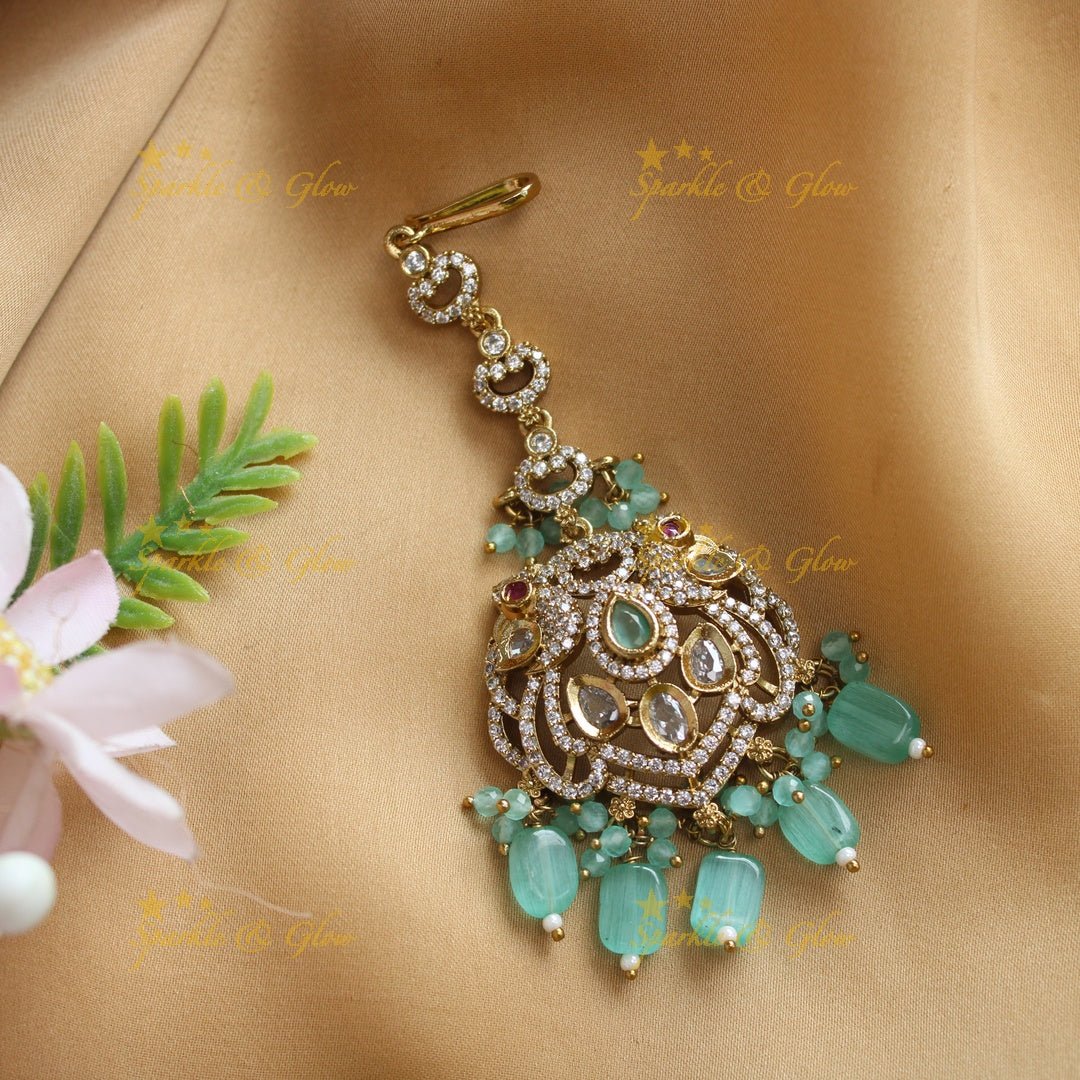 Statement Victorian AD Peacock Floral Maangtikka - Skyblue - Sparkle and Glow - Skyblue - 
