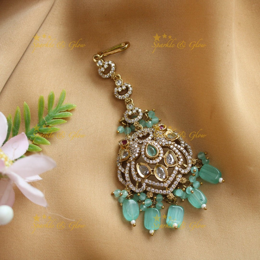 Statement Victorian AD Peacock Floral Maangtikka - Skyblue - Sparkle and Glow - Skyblue - 