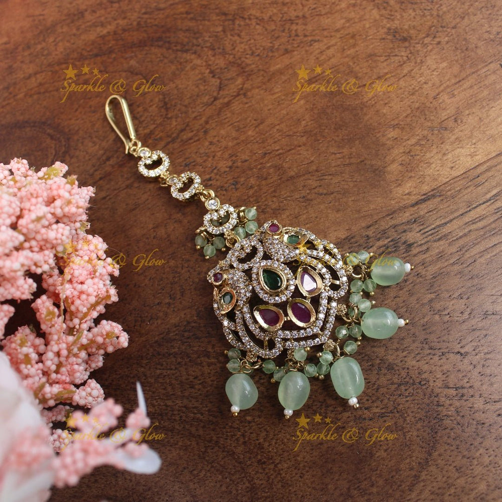 Statement Victorian AD Peacock Floral Maangtikka - Skyblue - Sparkle and Glow - Mintgreen - 