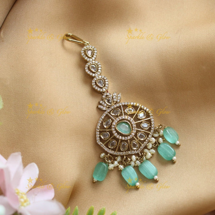 Statement Victorian AD Kundan Maangtikka - Pink - Sparkle and Glow - Mintgreen - 