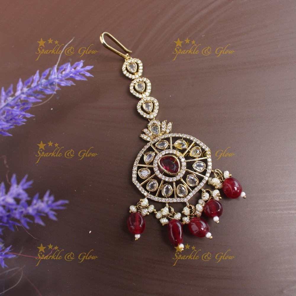 Statement Victorian AD Kundan Maangtikka - Pink - Sparkle and Glow - Red - 