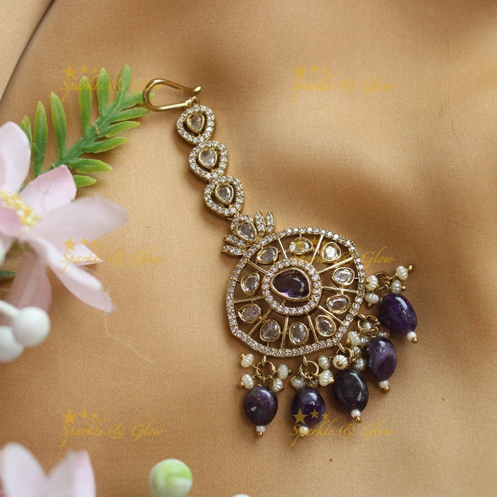 Statement Victorian AD Kundan Maangtikka - Pink - Sparkle and Glow - Blue - 