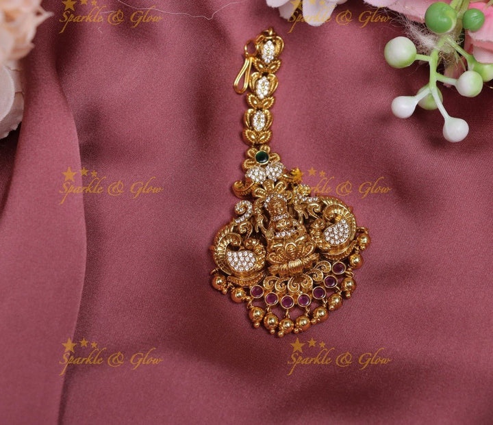 Stunning Lakshmi Peacock Floral Maangtikka with gold beads - Sparkle and Glow - 