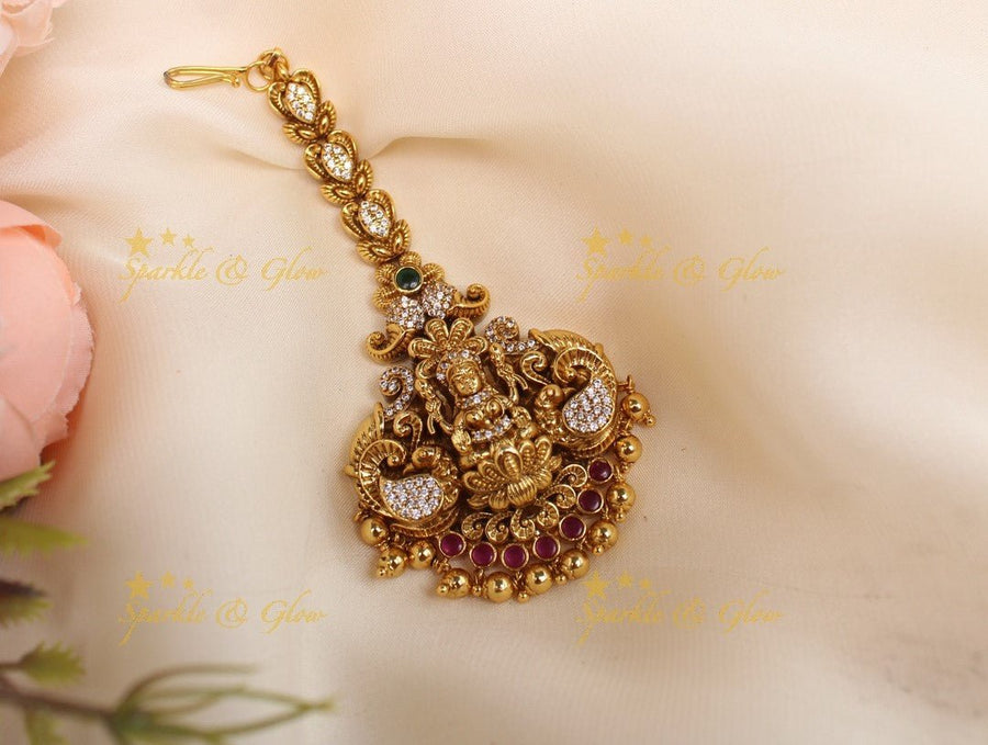 Stunning Lakshmi Peacock Floral Maangtikka with gold beads - Sparkle and Glow - 