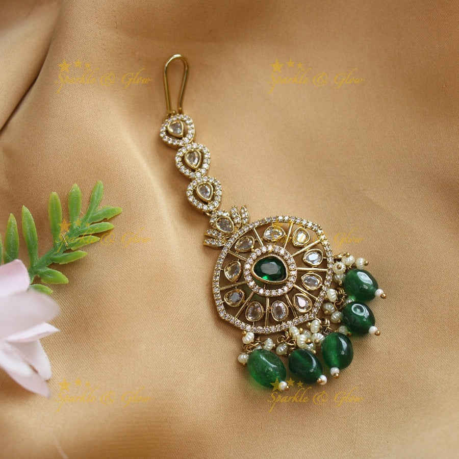 Statement Victorian AD Kundan Maangtikka - Pink - Sparkle and Glow - Green - 