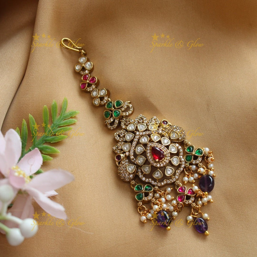 Statement Victorian AD Floral Maangtikka with kundan stones - Sparkle and Glow - 