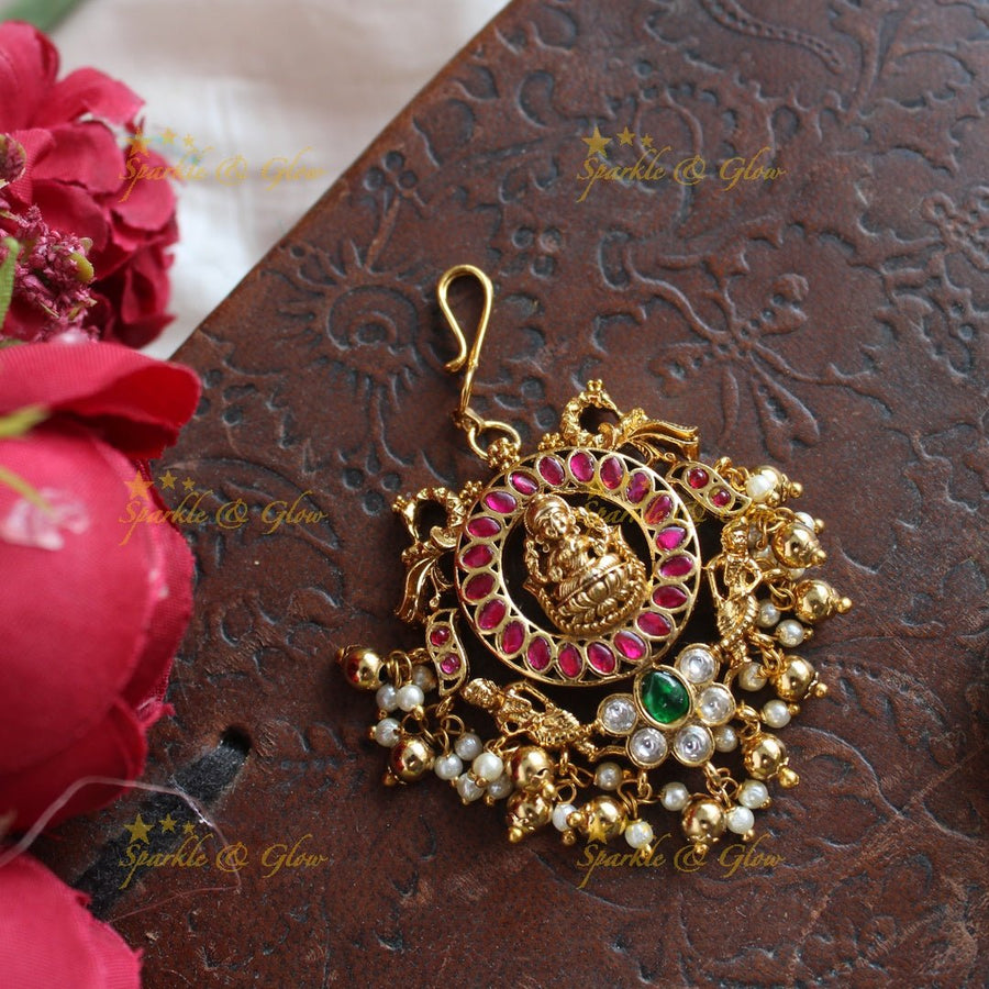 Gracious Idol Lakshmi Peacock Floral carved Maangtikka - Sparkle and Glow - 