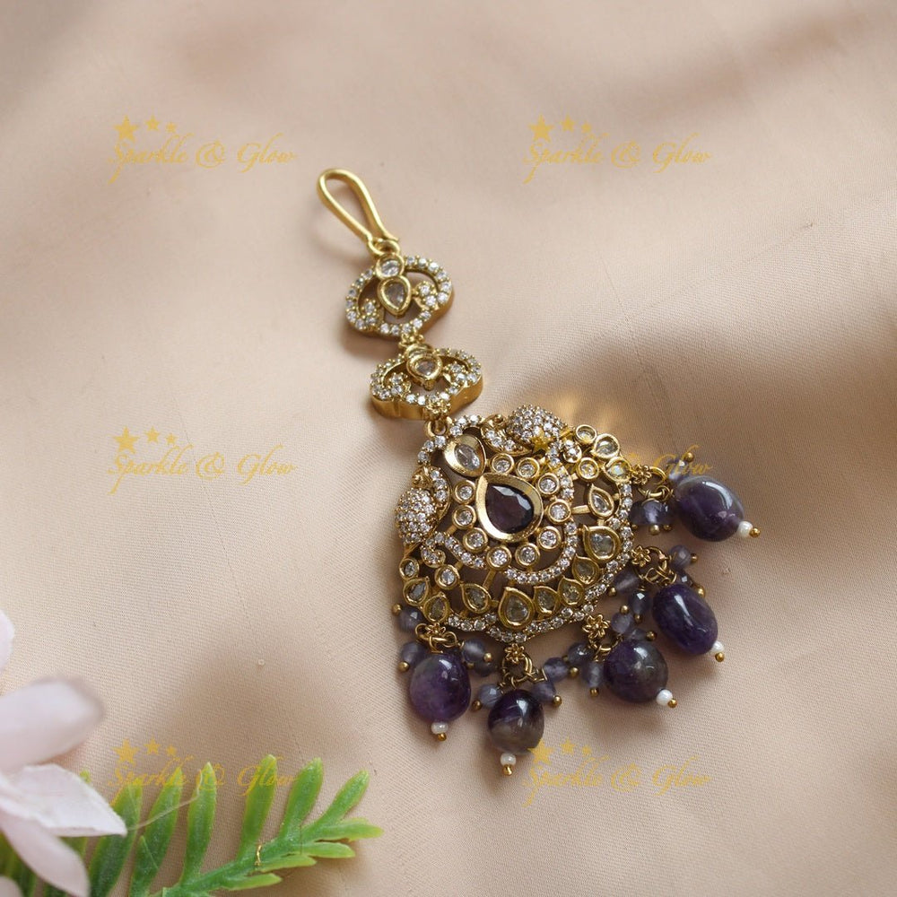 Elegant Victorian AD Floral Maangtikka with kundan stones - Purple - Sparkle and Glow - Purple - 