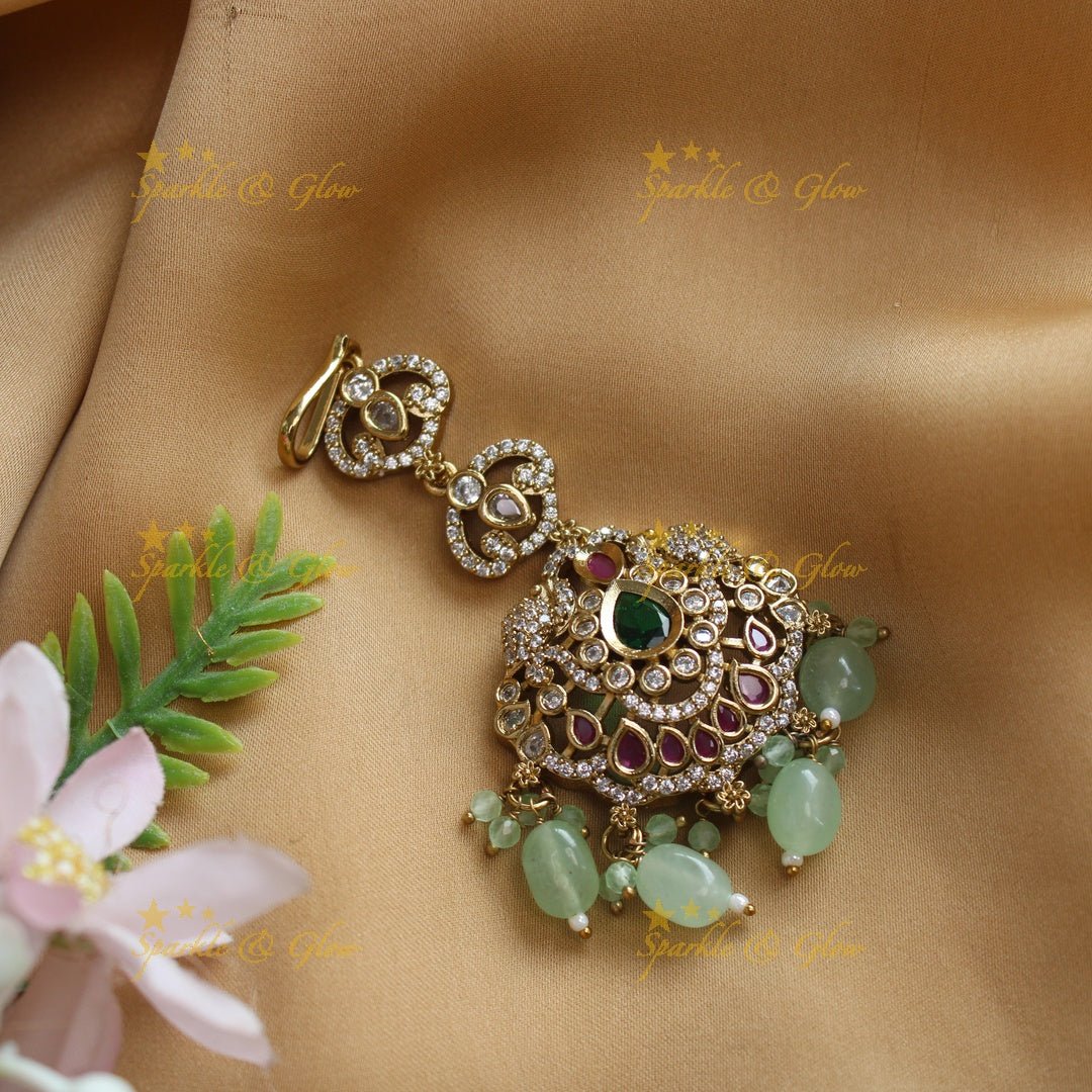 Elegant Victorian AD Floral Maangtikka with kundan stones - Purple - Sparkle and Glow - Mintgreen - 