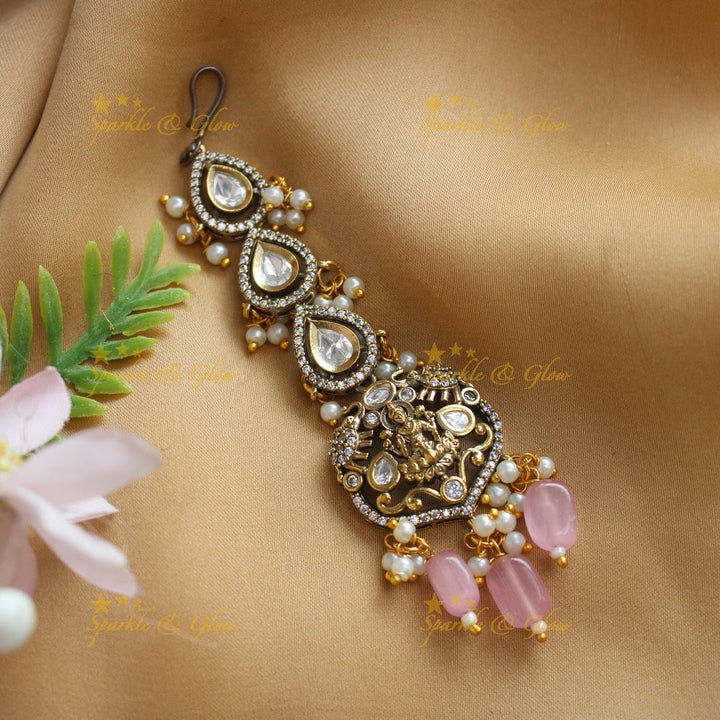 Gracious Idol Lakshmi Kundan Victorian AD Maangtikka - Light pink - Sparkle and Glow - Light pink - 