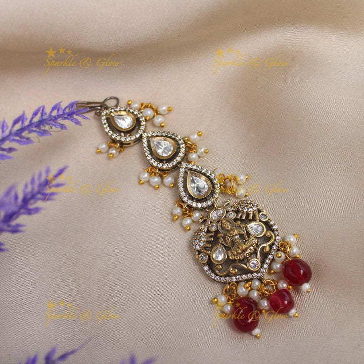 Gracious Idol Lakshmi Kundan Victorian AD Maangtikka - Light pink - Sparkle and Glow - Red - 