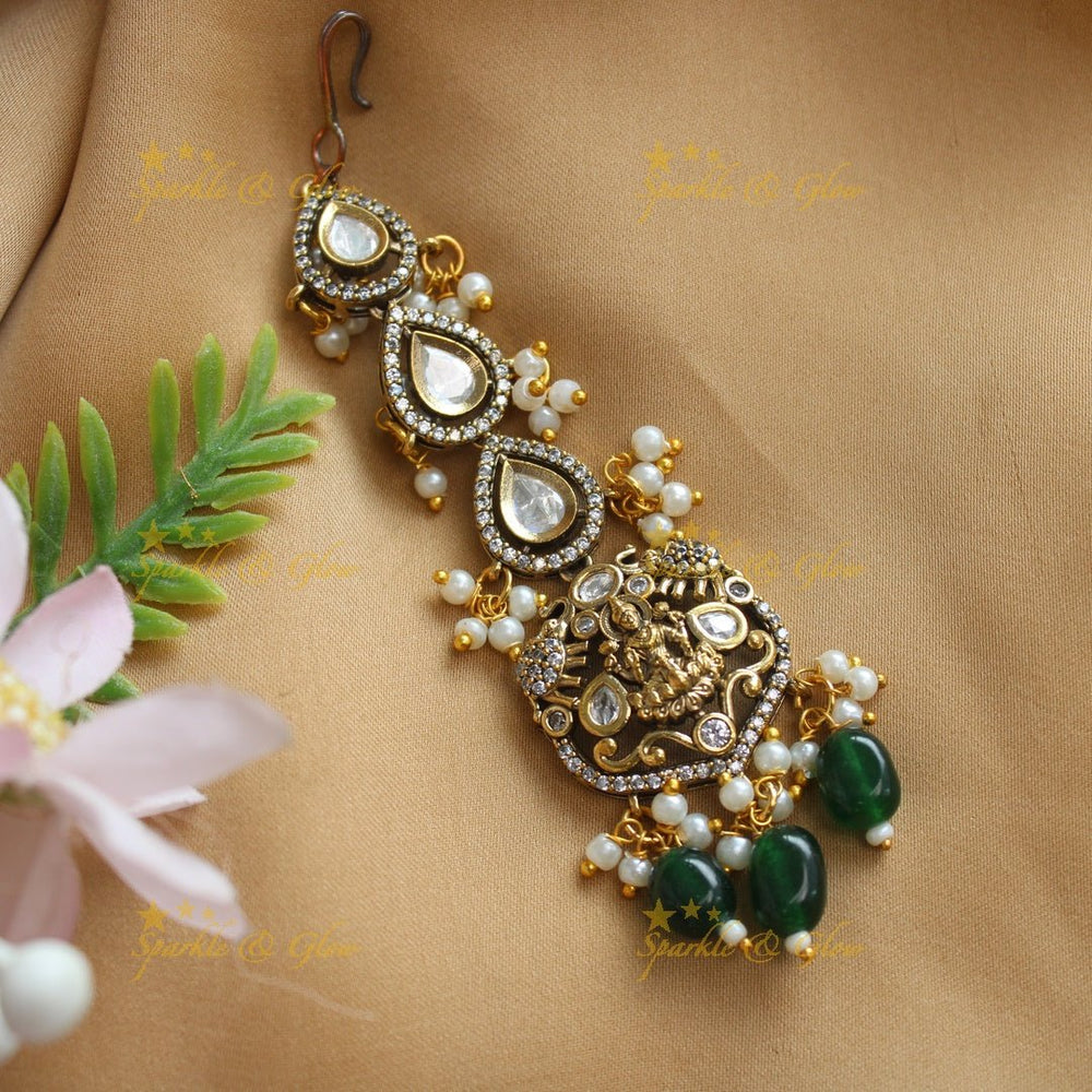 Gracious Idol Lakshmi Kundan Victorian AD Maangtikka - Light pink - Sparkle and Glow - Green - 