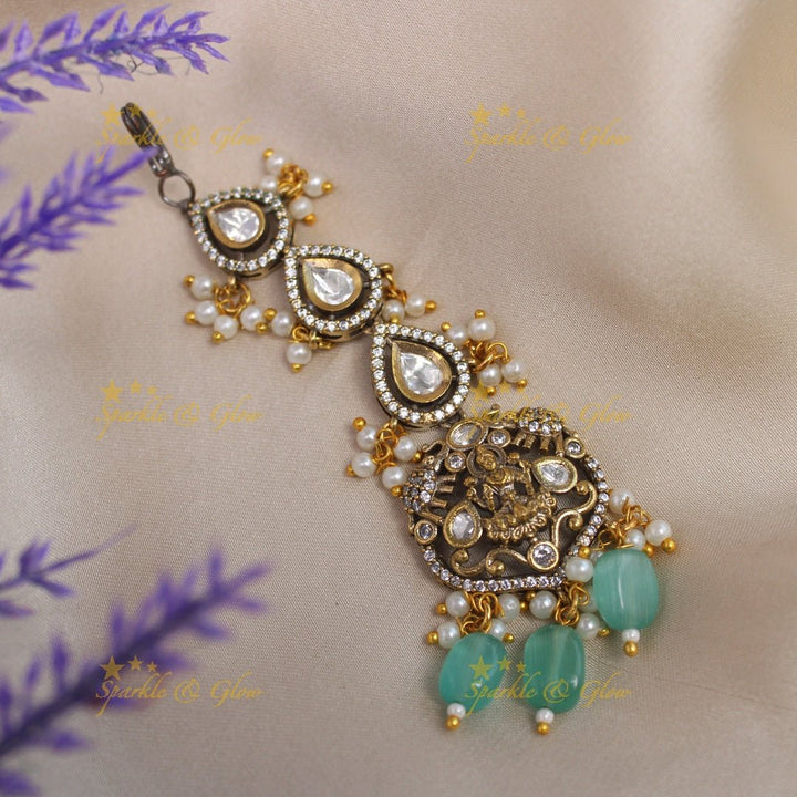 Gracious Idol Lakshmi Kundan Victorian AD Maangtikka - Light pink - Sparkle and Glow - Mintgreen - 