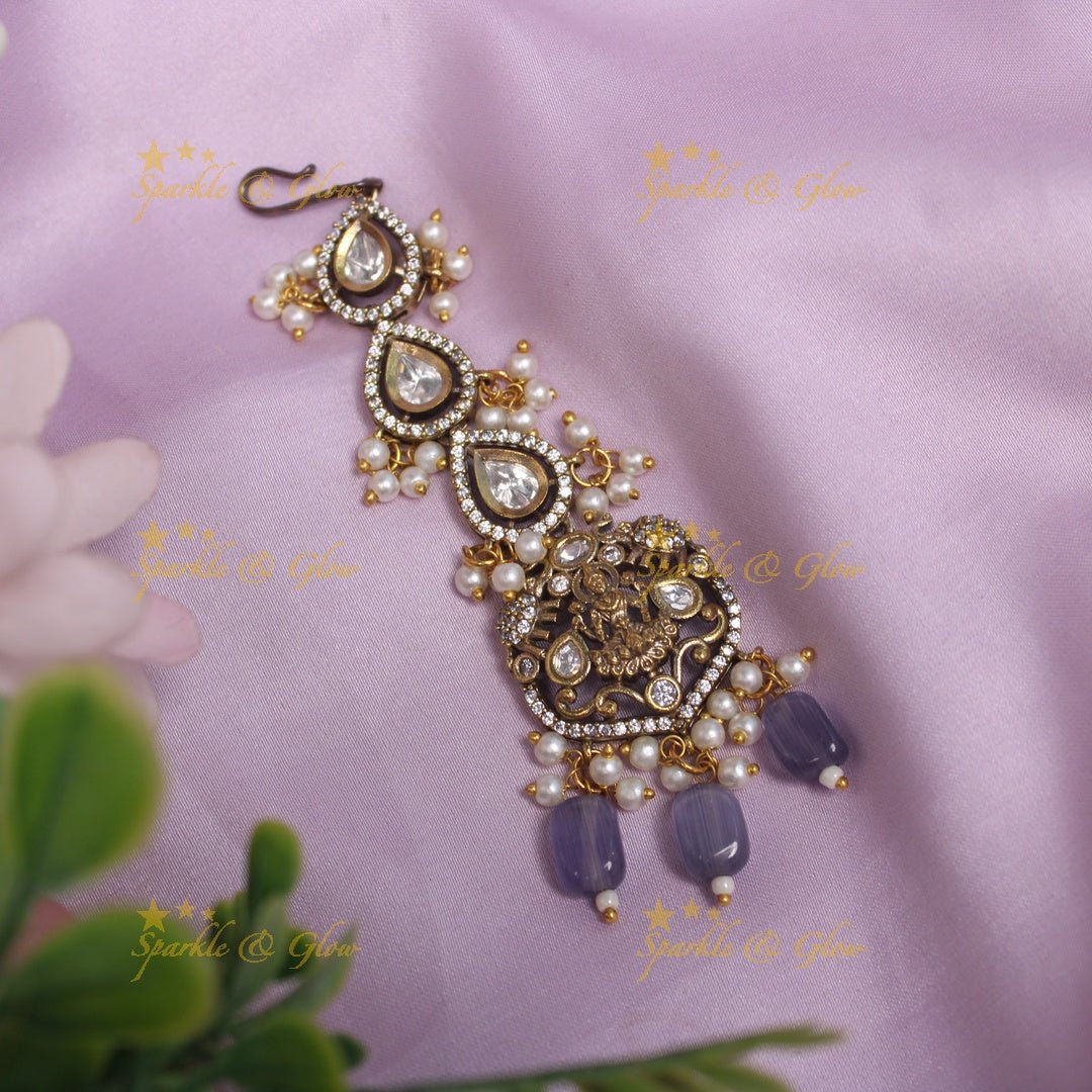 Gracious Idol Lakshmi Kundan Victorian AD Maangtikka - Light pink - Sparkle and Glow - Purple - 