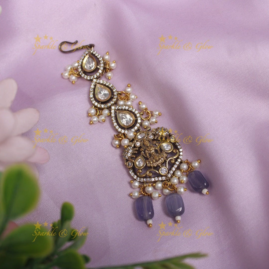 Gracious Idol Lakshmi Kundan Victorian AD Maangtikka - Light pink - Sparkle and Glow - Purple - 