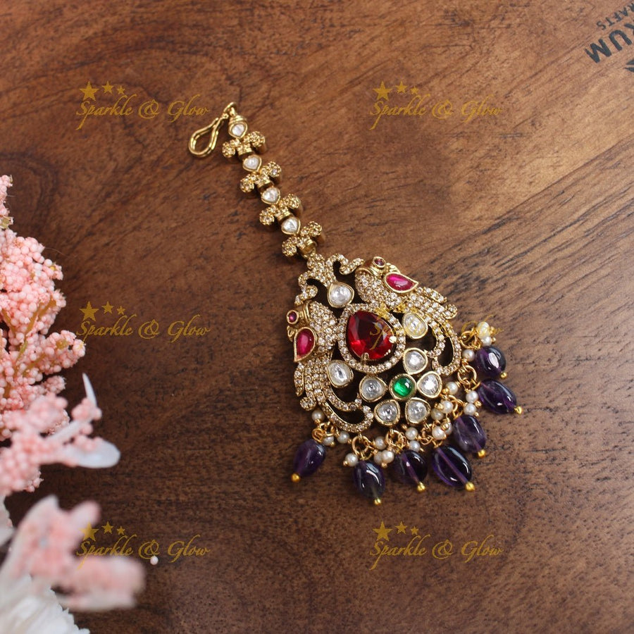 Gracious Peacock Floral carved Victorian AD Maangtikka - Sparkle and Glow - 